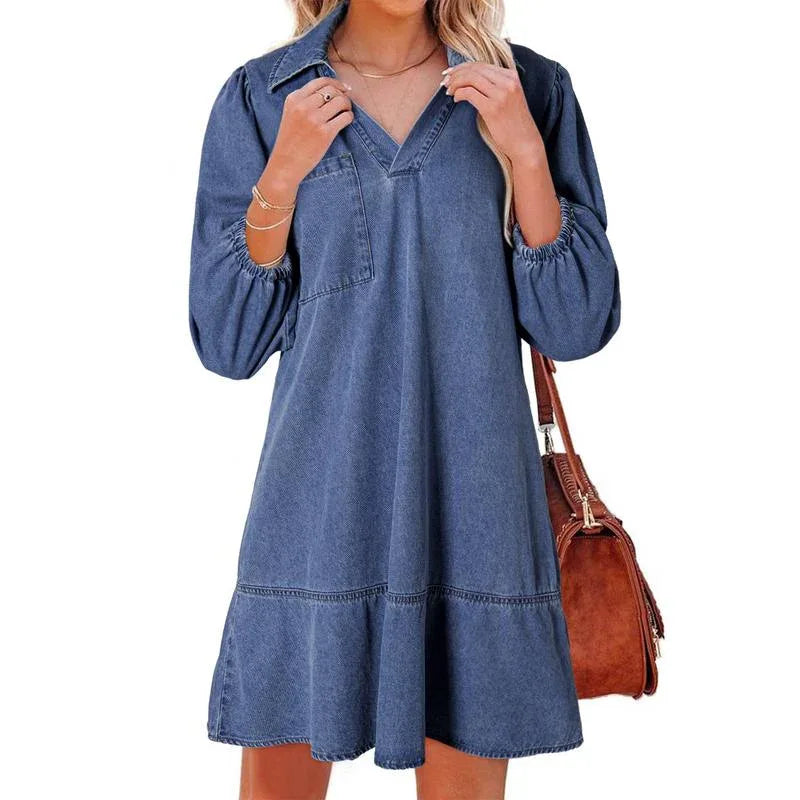 GEMMA™ – Classic Soft Washed Denim Puff Sleeve Dress - MABEL LONDON
