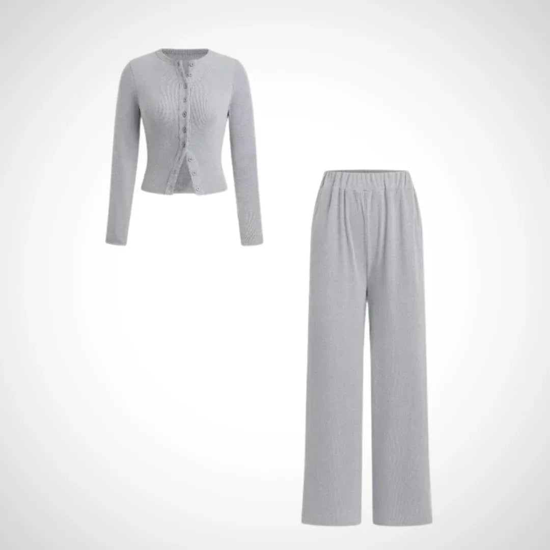 COLY™ - Comfy Button Front Long Sleeve Top and Pants Set - MABEL LONDON