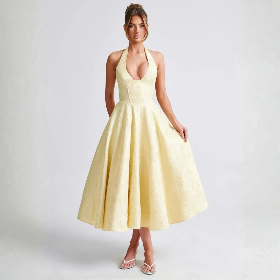 ZIORA™ - Chic Low Cut Sleeveless Open Back A-Line Halter Maxi Dress - MABEL LONDON