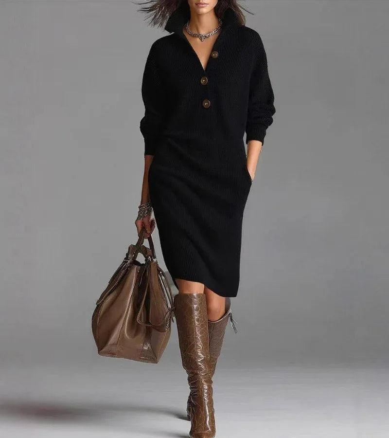 Scarlett | Elegant Winter Dress Sweater with Buttons - MABEL LONDON