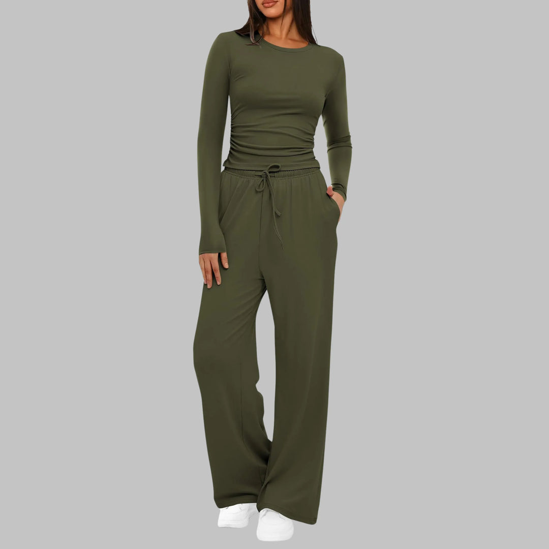 BELLE™ - Casual Long Sleeve Top and Wide Leg Pants Set - MABEL LONDON