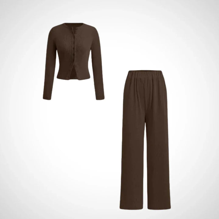 COLY™ - Comfy Button Front Long Sleeve Top and Pants Set - MABEL LONDON
