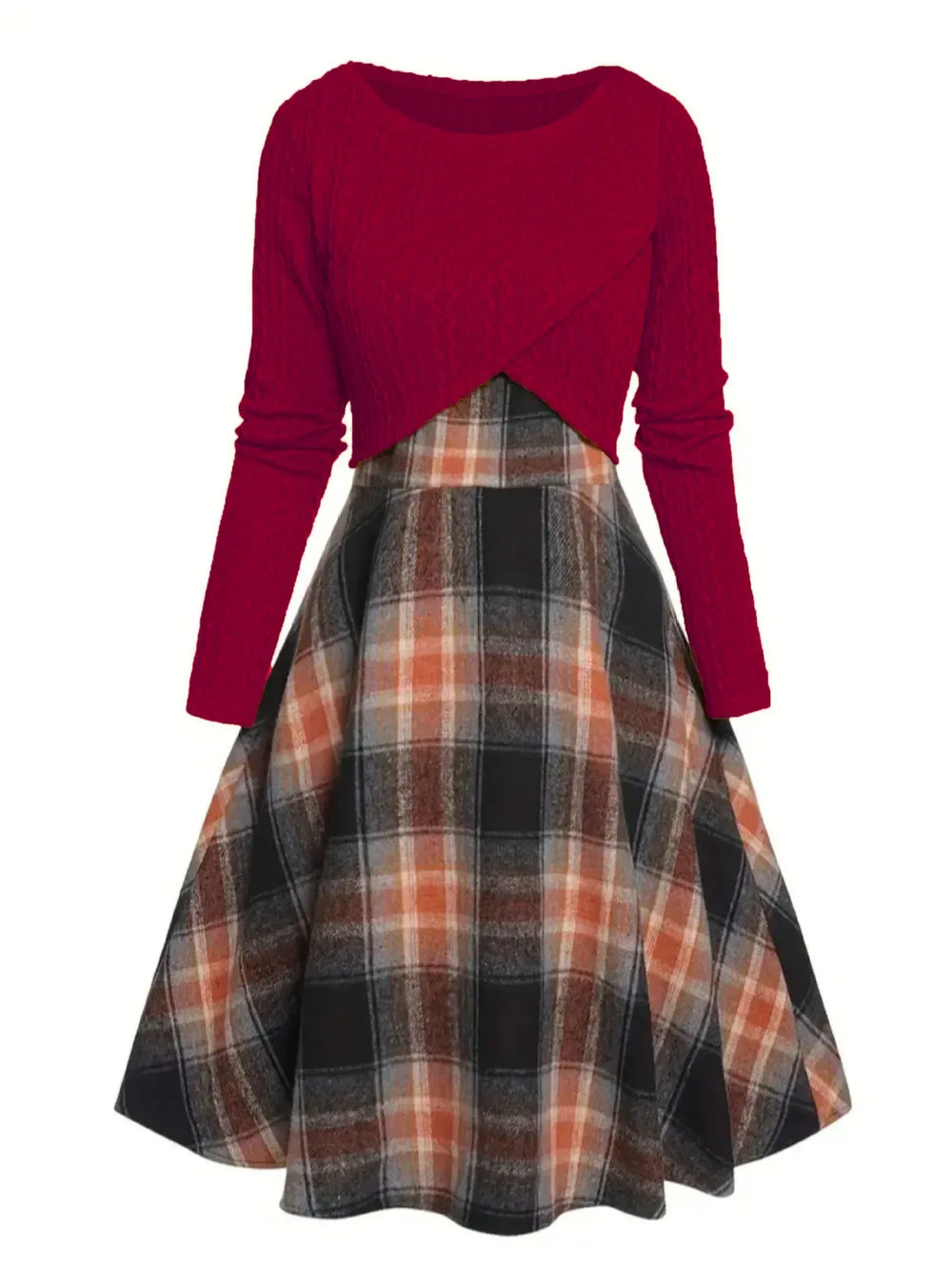 JORY™ - Vintage Round Neck Long Sleeve Crop Top and Plaid Dress - MABEL LONDON