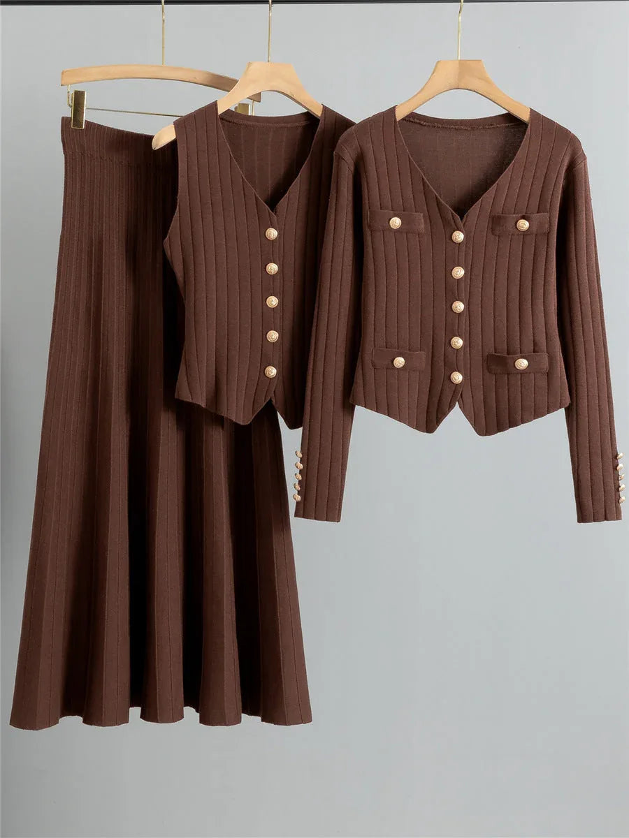 XANDY™ - Elegant V-Neck Buttoned Vest and High Waist Skirt - MABEL LONDON