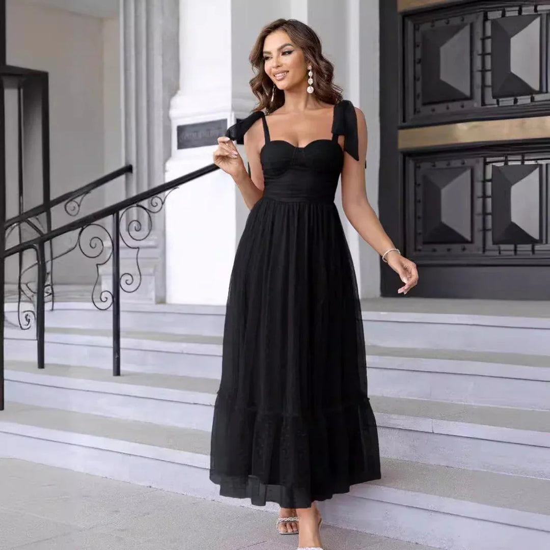 HALI™ - Vintage Ruffle Hem Tie Shoulder Formal Dress - MABEL LONDON