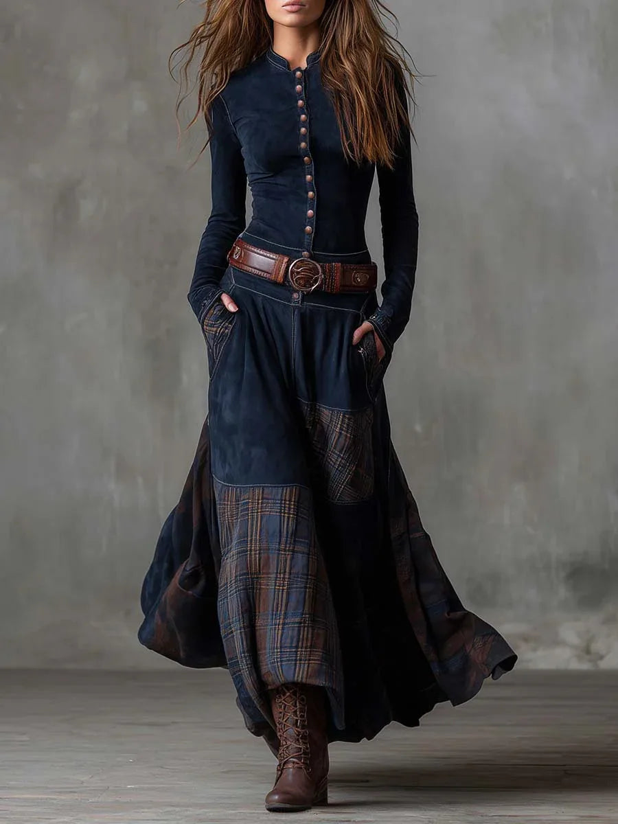 Navy Plaid Paneled Vintage Suede Maxi Dress(with belt) - MABEL LONDON